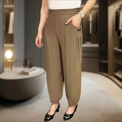 Haremsbukser med høy midje og nedadgående linning i isskinn