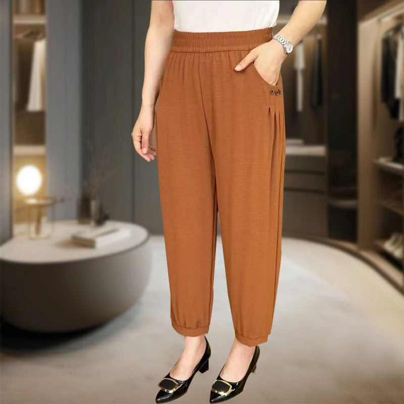 Haremsbukser med høy midje og nedadgående linning i isskinn