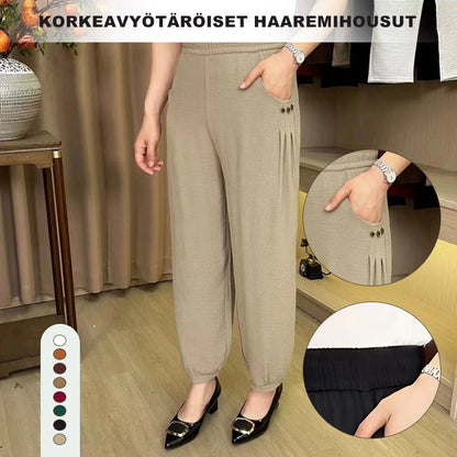 Haremsbukser med høy midje og nedadgående linning i isskinn