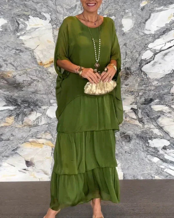 Kunstnerisk løs kjole / Chiffon ermeløs Dolman ermet rund hals lang kjole