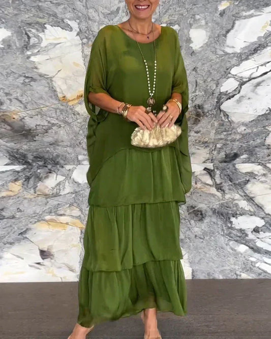 Kunstnerisk løs kjole / Chiffon ermeløs Dolman ermet rund hals lang kjole