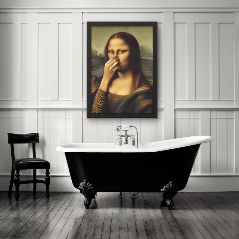 Imitasjon av Mona Lisa kunstdekorasjon, morsom vintage toalett humor romdekorasjo