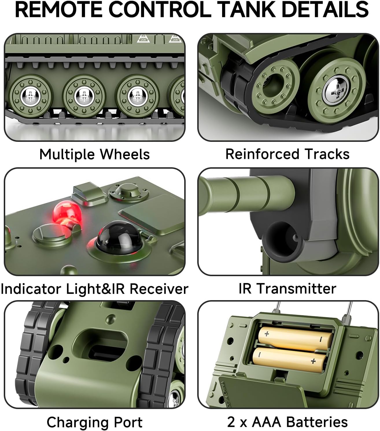 Mini RC-stridsvogn med 330° roterende tårn og lyd og lys