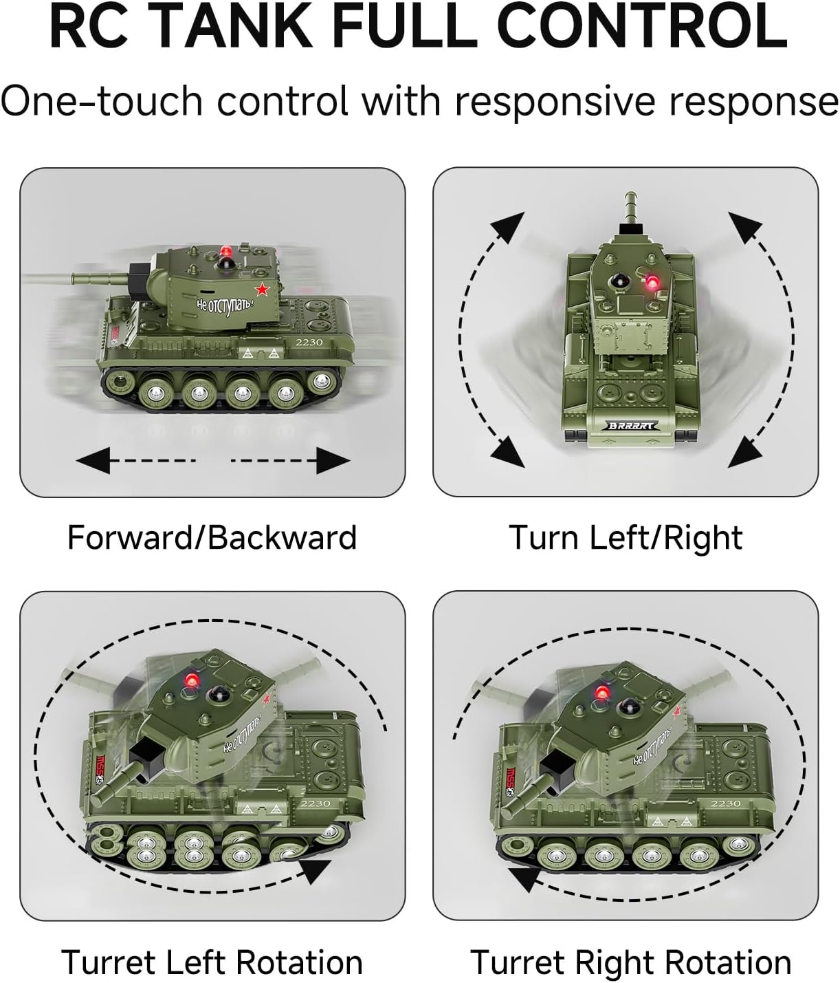Mini RC-stridsvogn med 330° roterende tårn og lyd og lys