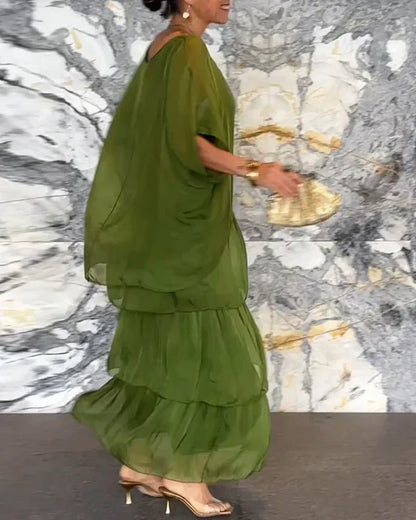 Kunstnerisk løs kjole / Chiffon ermeløs Dolman ermet rund hals lang kjole