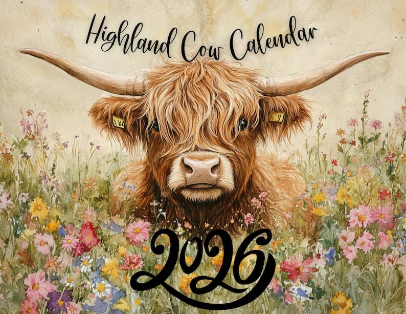 🐮Highland Cow Kalender 2026 – Rustikk gårdsveggkunst og månedlig planlegger
