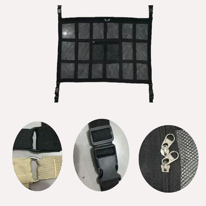 Hengende oppbevaringspose i netting for biltak