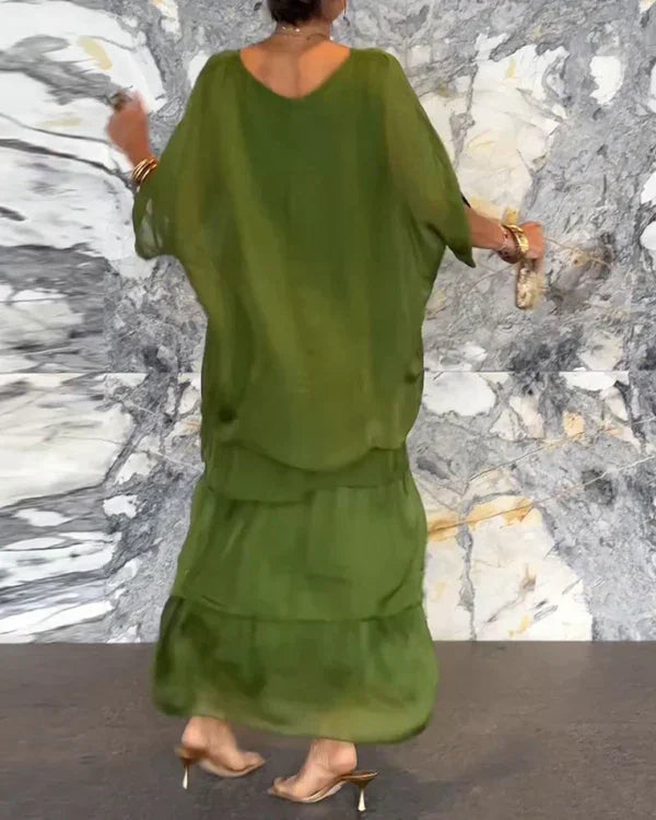 Kunstnerisk løs kjole / Chiffon ermeløs Dolman ermet rund hals lang kjole