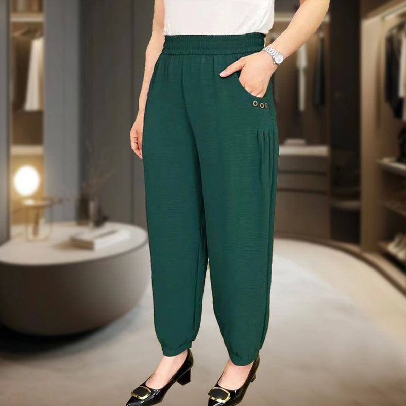 Haremsbukser med høy midje og nedadgående linning i isskinn