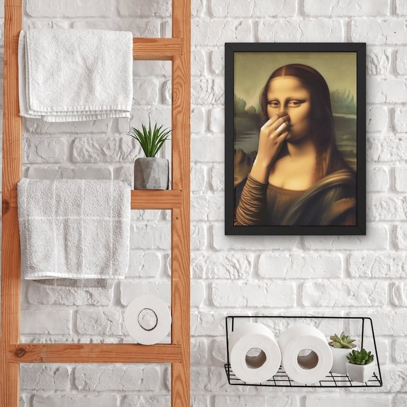 Imitasjon av Mona Lisa kunstdekorasjon, morsom vintage toalett humor romdekorasjo